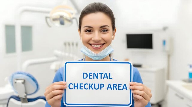 A dentist holding a sign for the DENTAL CHECKUP AREA for the concept of dental care and health.