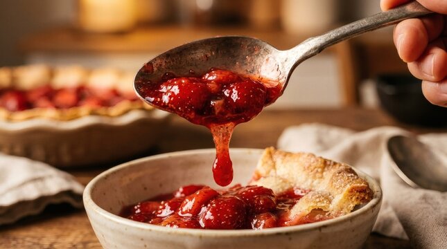 Fresh strawberry rhubarb sauce being poured over golden baked pie on rustic wooden table perfect for National Strawberry Rhubarb Pie Day