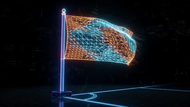 Digital Flag Waving in Futuristic Grid Environment - A neon wireframe flag waves in the digital wind against a dark background filled with abstract data streams.