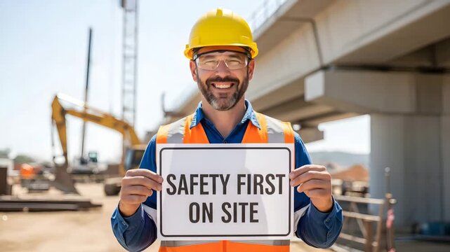 A construction worker holding a safety sign on a construction site for the concept of workplace safety and construction.