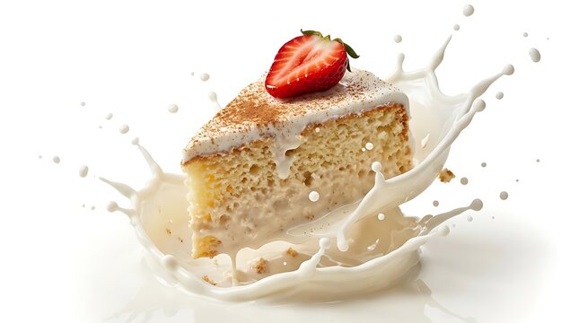 Delicious cake with strawberry on top splashing milk