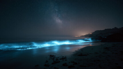 Fototapeta premium Bioluminescent Waves Glowing Under Starry Night Sky