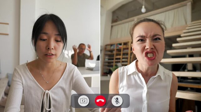 Four young people take part in an online call. Each person shows clear feelings of anger and frustration as they react to each other. Tension builds during the call.