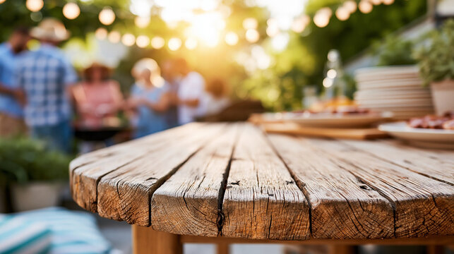 Rustic wooden table overlooking a lively outdoor barbecue scene bathed in warm sunlight, summer entertaining concept, defocused background, with copy space