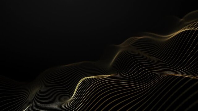 Golden waves flow black background. Golden light wave flowing energy lines black background. luxurious abstract motion design with warm vibrant curves, seamless loop 4K 60fps golden linear pattern.