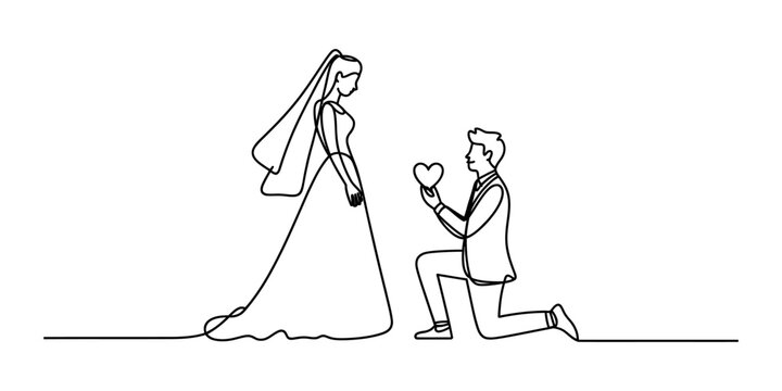 Continuous single line drawing of a man proposing to a woman in a wedding dress holding a heart shape as a symbol of love and marriage proposal Vector, illustration