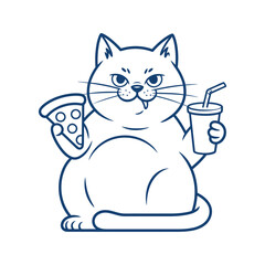 Fototapeta premium cat with pizza and drink line drawing on white background