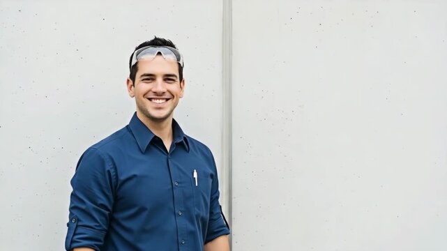 A smiling male construction worker with safety glasses is standing in front of a concrete wall for the concept of hard work and labor.