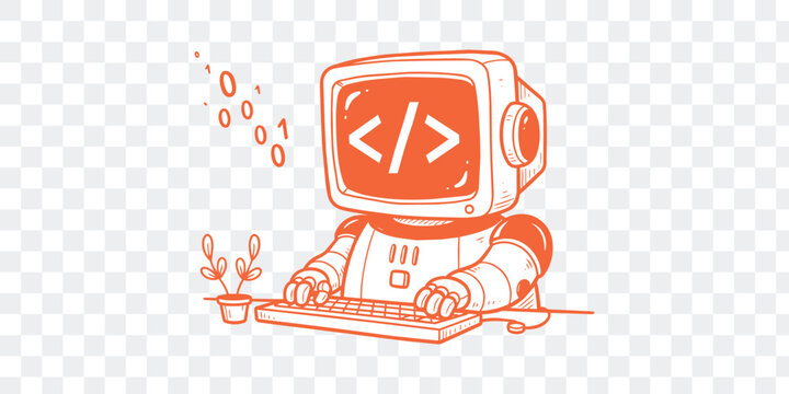 Adorable Robot Coder at Keyboard Retro Tech Programmer with HTML Brackets Binary Data Vector Art