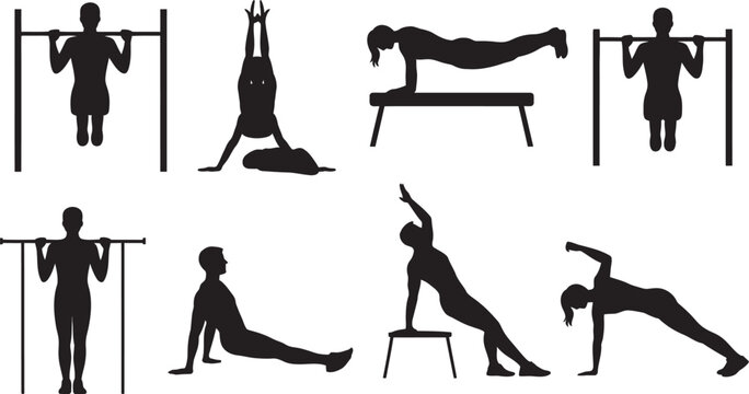 Set of black silhouettes showing men performing calisthenics workout exercises, vector illustration of bodyweight training poses including pull-ups, push-ups, dips, planks, and handstands, 