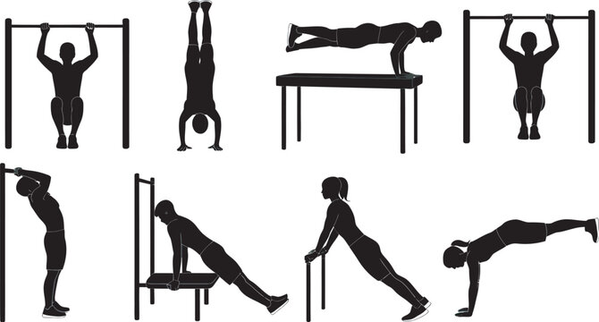 Set of black silhouettes showing men performing calisthenics workout exercises, dynamic vector collection of athletic bodyweight movements, training and street workout poses in minimalist silhouette 