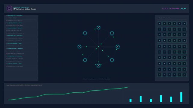Dynamic motion animation of futuristic digital interface with data visualization and graphical elements for technology and innovation themes.