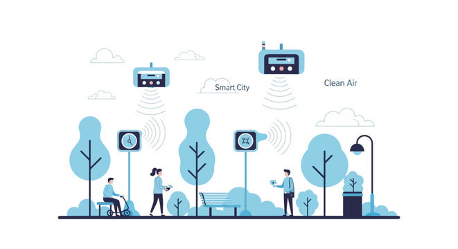 Smart City Flat Illustration with IoT Air Quality Sensors, Drones, and Sustainable Urban Infrastructure in a Green Park