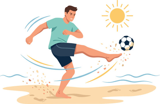 Young Man Playing Soccer on Summer Beach with Sun and Sand Flat Vector Illustration for Sports, Vacation, and Outdoor Activity Designs