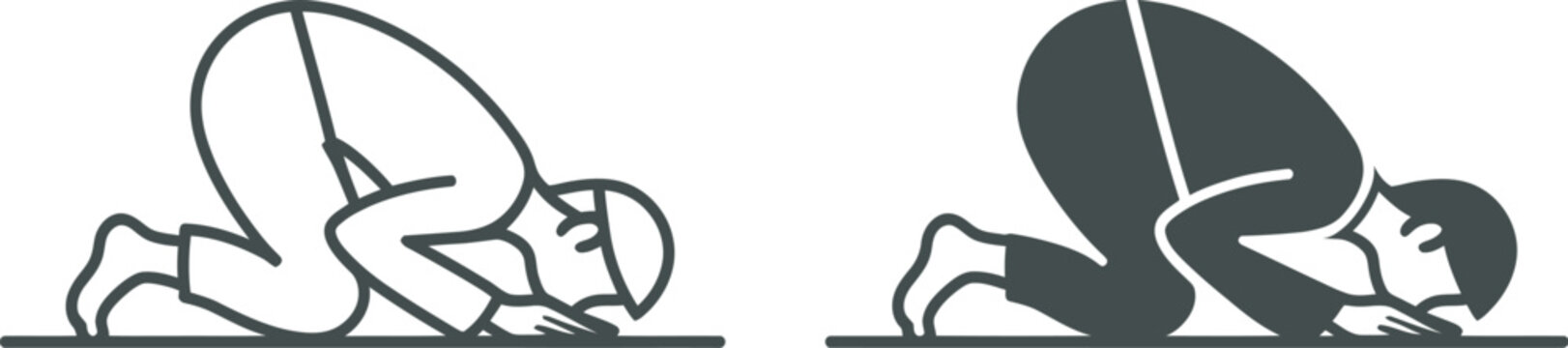 Sujud icon in doodles, flat and line stroke pack, vector illustration set showing Islamic prayer prostration pose, minimal religious worship symbols for spirituality, prayer app interfaces, 