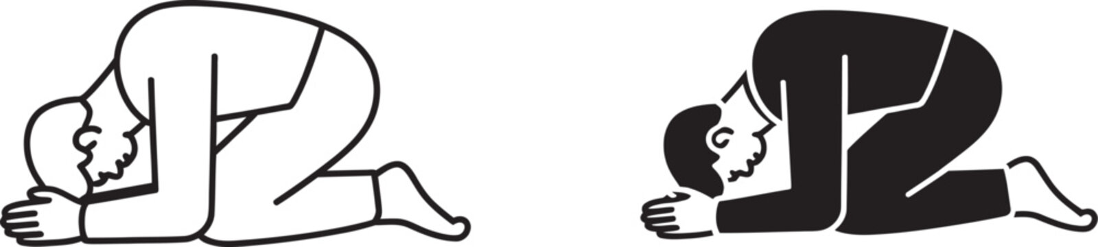 Sujud icon in doodles, flat and line stroke pack, modern vector collection of prayer prostration gesture icons, Islamic worship symbol set in minimalist outline and sketch styles