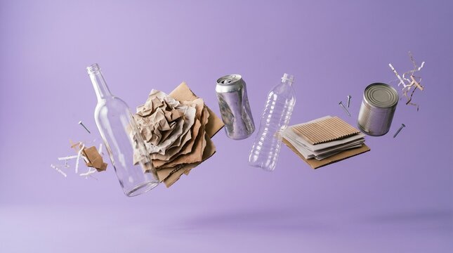 Environment week : Various types of waste materials, including glass, paper, and metal, are floating in the air against a purple background. This collection represents materials for recycling