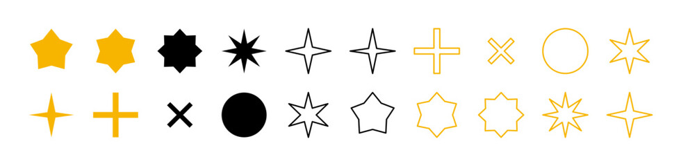 Obraz premium Minimalist decorative design shine sparkle and starburst line icon set with thin black editable stroke, bling stars sparkles signs