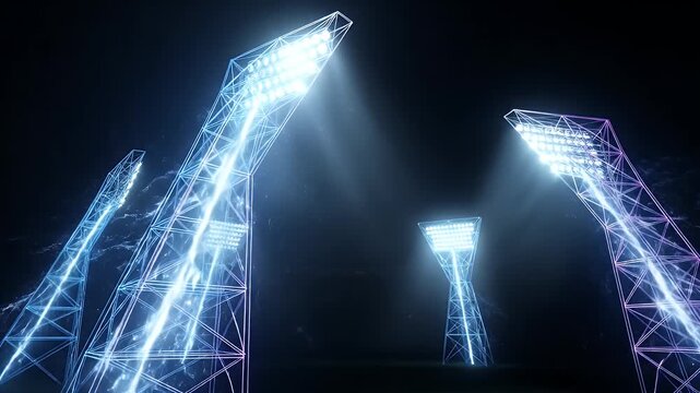 Futuristic Stadium Floodlights with Rays - This video showcases three futuristic floodlight towers in a dark environment, emitting striking rays of light.