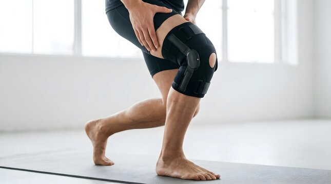 Close up of athlete legs wearing black orthopedic adjustable knee brace support sleeve during physical therapy exercise on fitness mat indoor