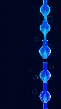 Glowing blue abstract glass shapes with neon energy patterns and floating bubbles on a dark background.