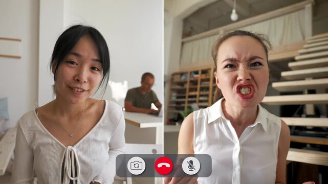 Four young people show their anger during an online call. Each person shares their thoughts and feelings on the topic at hand. Tensions are visible on their faces.