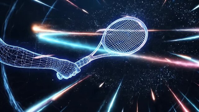 Glowing Tennis Racket with Wireframe Hand - A vibrant, glowing wireframe hand and arm grasp a tennis racket, which is surrounded by a powerful, radiant burst of white and purple light.
