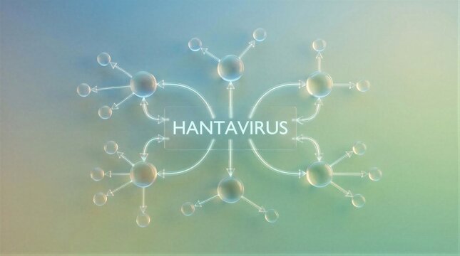 Hantavirus spread diagram showing a viral transmission network. Molecular biology illustration of microscopic pathogen infecting cells. Disease outbreak and medical research concept.