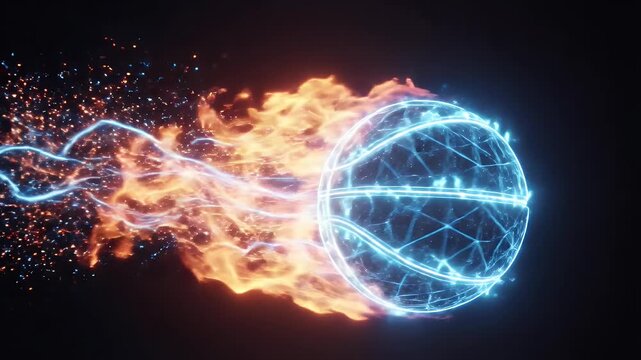 Fiery Basketball Animation - This video features a dynamic and vibrant basketball surrounded by flames and sparks.