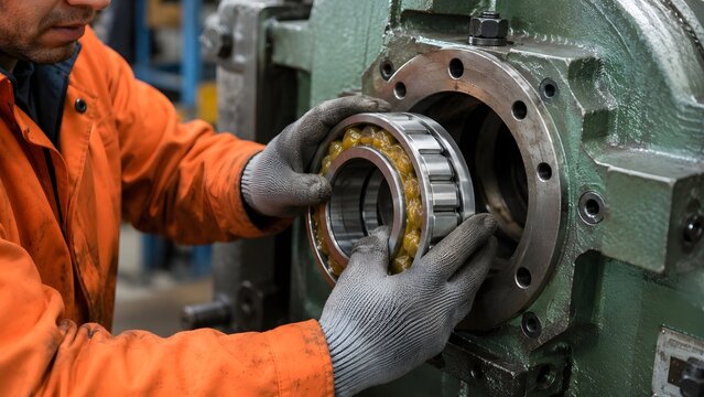 Industrial worker installing metal bearing into heavy machinery with protective gloves for mechanical maintenance equipment repair precision engineering manufacturing and factory service operations