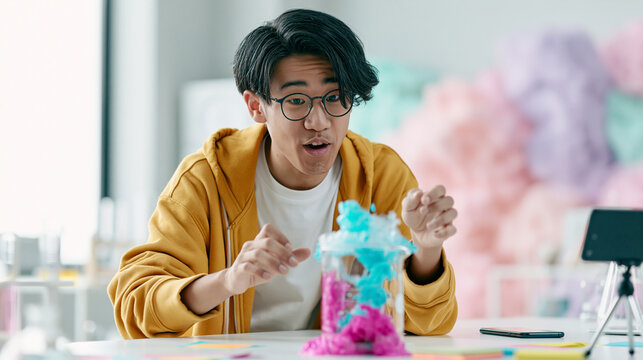 実験室で泡の噴出を見て驚くメガネをかけた男性 ｜ 表情のアップ