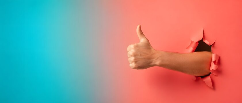 Thumbs up, hand and success with paper hole for marketing, approval and agreement. Breakthrough, positive and like with communication, satisfaction and excellence for advertising banner background