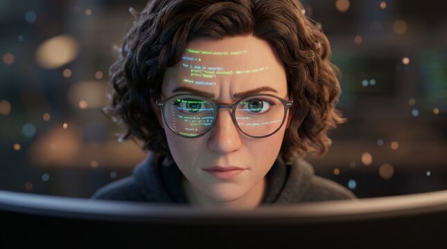 A focused coder, wearing glasses, stares intently at a computer screen displaying lines of code. The reflection of the code is visible on her glasses.