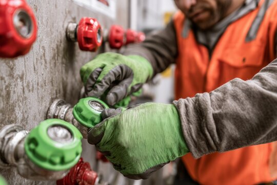 Worker inspecting emergency eyewash station flow caps in industrial setting
