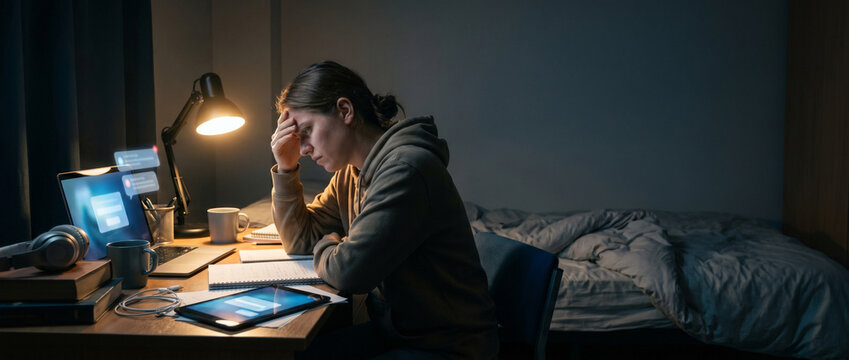 Student overwhelmed by screens and study demands in a small room