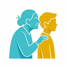 Fototapeta premium Older woman speaking to or comforting a young boy with her hand on his shoulder in a two-tone flat vector illustration