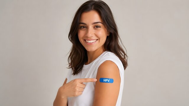 Smiling woman pointing to adhesive bandage on upper arm after vaccination showing immunization protection healthcare prevention medical treatment vaccine awareness and personal wellness concept