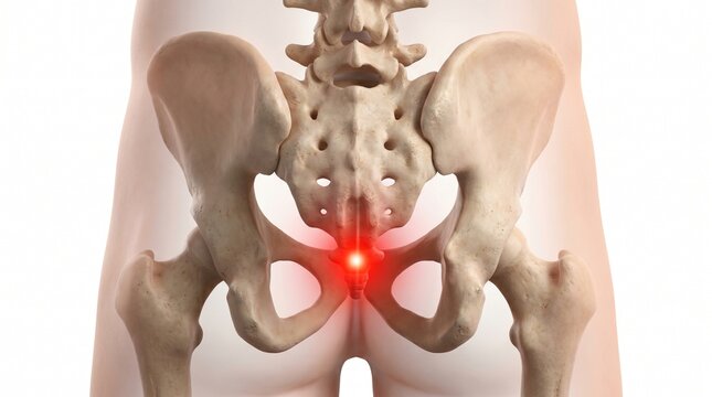 Illustration of human pelvis anatomy with a red highlight indicating pain or an issue in the sacrum region
