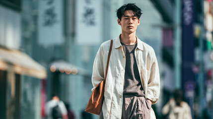 Fototapeta premium 西日が差し込む都会のストリートを歩く若い男性 ｜ 温かみのある光