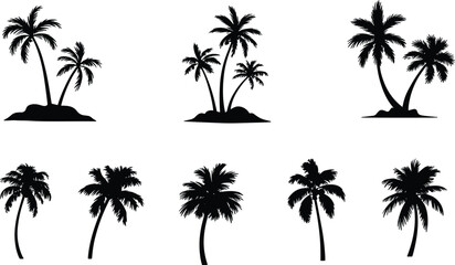 Fototapeta premium Tropical Palm Tree Silhouette Collection, Exotic Island Nature Illustration Set, Summer Beach Coconut Tree Icons, Black Botanical Vector Bundle