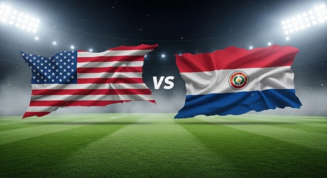 United states flag against paraguay flag with vs text on soccer field stadium backdrop.