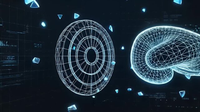 Futuristic Wireframe Boxing Glove Punch Impact - A vibrant blue wireframe boxing glove is depicted mid-punch, colliding with a circular wireframe target on a dark, digital background.