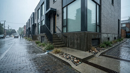 Fototapeta premium Modern Townhouses in Heavy Urban Rain