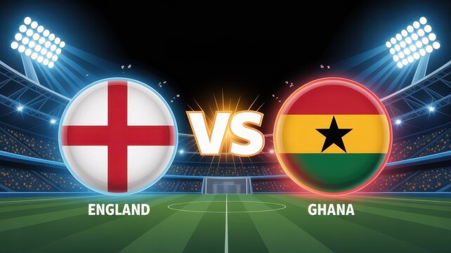England versus Ghana flags in circular shape on football stadium competition sports soccer match.