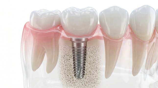 An illustration of a dental implant with a crown attached, showing the titanium screw inserted into the bone below the gum line and adjacent teeth