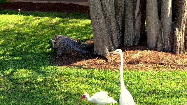 Great egret and white ibis walking beside resting alligator