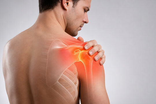 Man holds and massages his painful shoulder with visible skeleton and glowing red inflammation