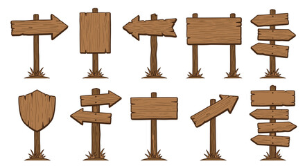 Wooden signposts collection vector illustration with brown planks and grassy bases © Bijori