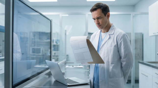 Doctor reviewing diagnostic scans and patient notes in modern clinical laboratory