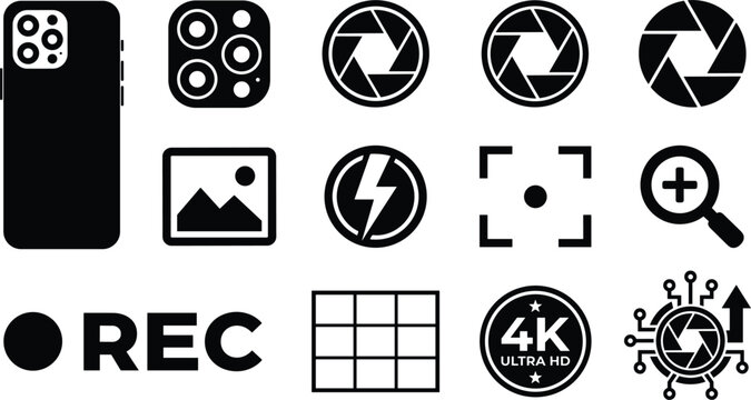 Camera Focus and Recording Interface Vector Icon Collection Set